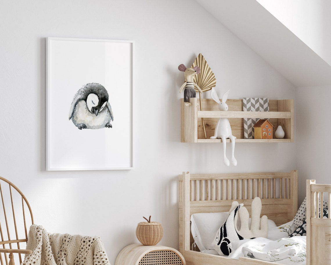 Sleeping Baby Penguin Watercolor Cute Arctic Bird Nursery Poster - Image 2