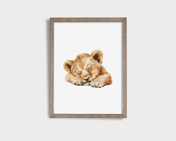 Sleeping Lion Cub Watercolor Portrait Nursery Animal Art Poster