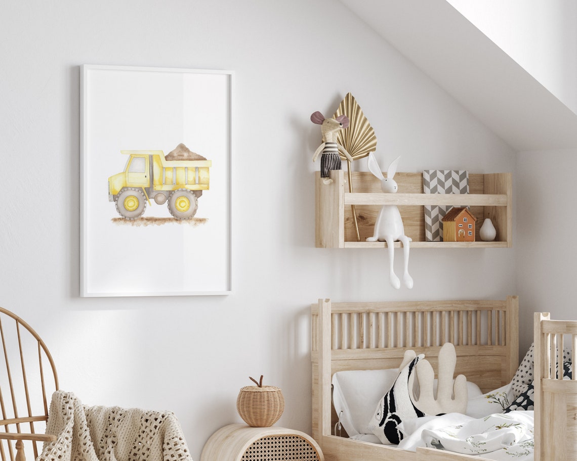 Yellow Dump Truck Watercolor Construction Vehicle Boy Nursery Poster - Image 2
