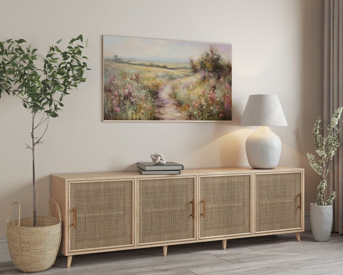 Wildflower Meadow Path Watercolor Poster Pastel Floral Landscape Art - Image 3