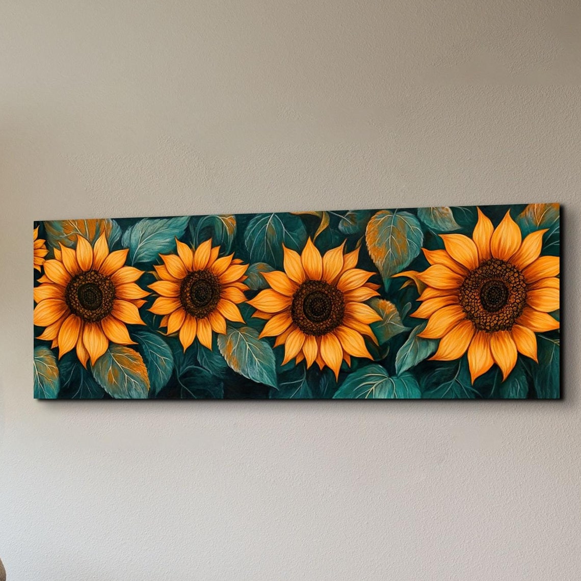 Bold Sunflowers On Teal Leaves Painterly Floral Panorama Poster