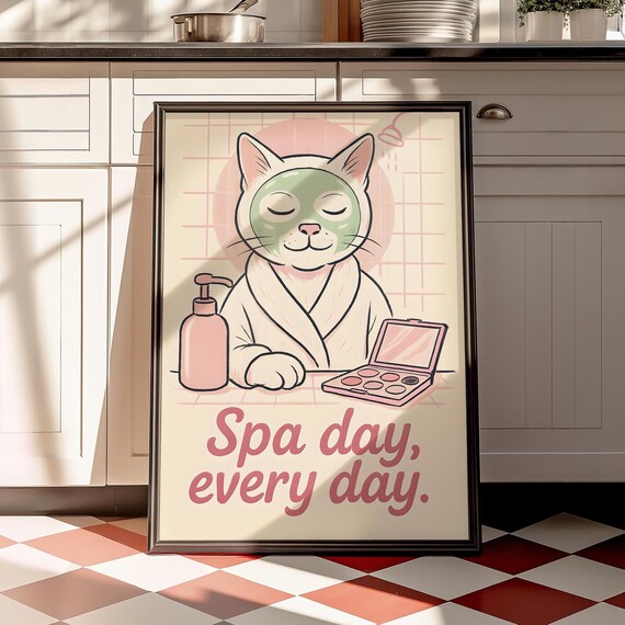 Beauty Routine Cat Poster, Cute Bathroom Decor