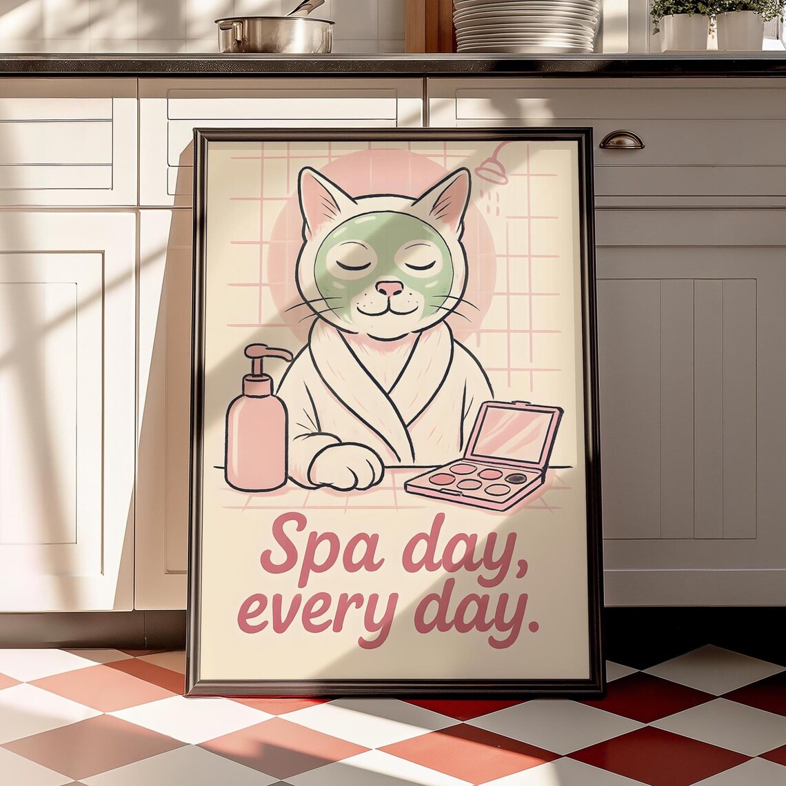 Beauty Routine Cat Poster, Cute Bathroom Decor