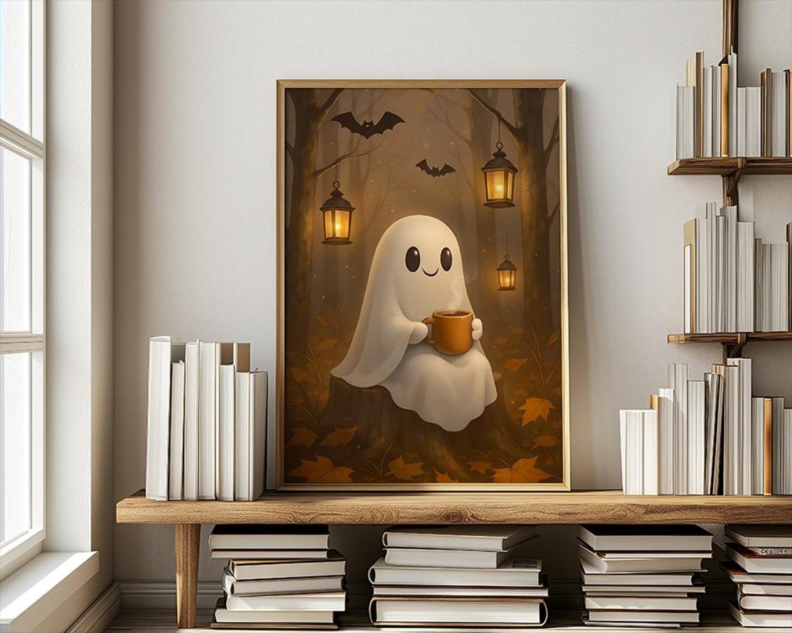 Cute Coffee Poster Halloween Fall Print Forest Art Autumn