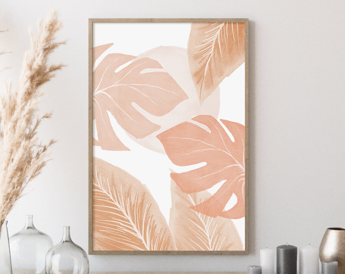 Pastel Monstera Leaf Art Print, Tropical Minimalist