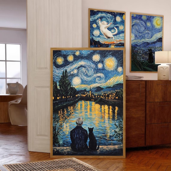 Van Gogh Style Starry Night Riverside Man With Black Cat Poster