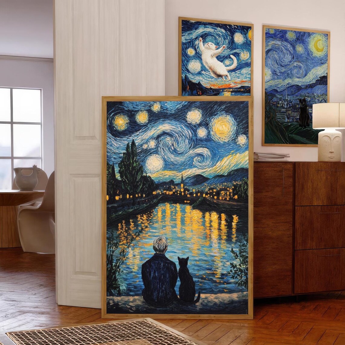 Van Gogh Style Starry Night Riverside Man With Black Cat Poster