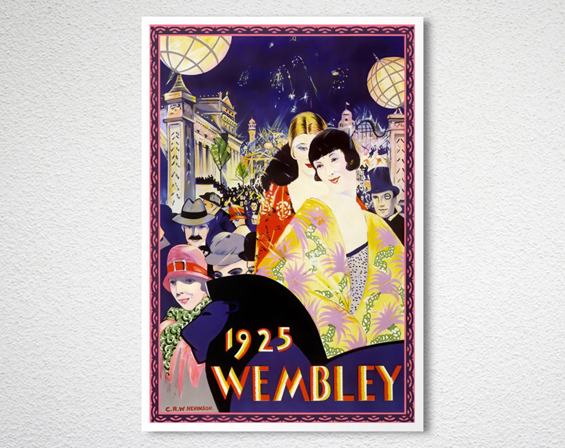 1925 Wembley Empire Exhibition Night Crowd Event Vintage Poster - Image 2