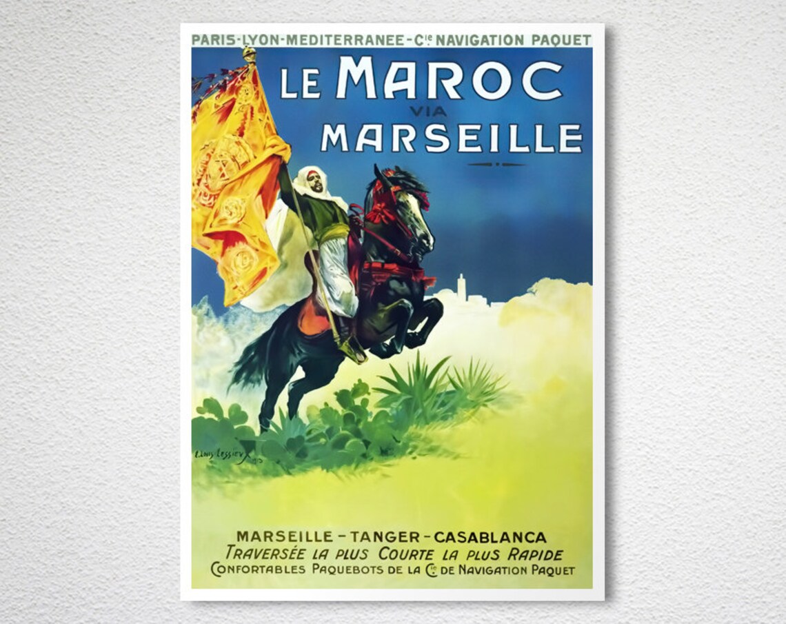 Le Maroc Via Marseille Vintage French Travel Poster Arab Horseman Art - Image 2