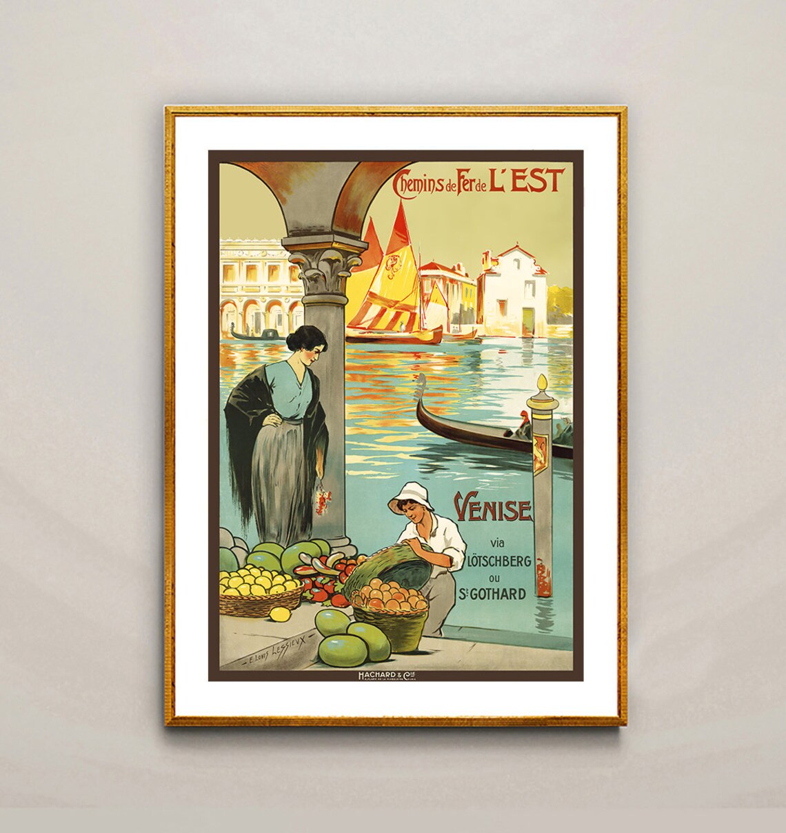 Venice Italy Canal Gondola Fruit Market Chemins De Fer Vintage Poster - Image 2