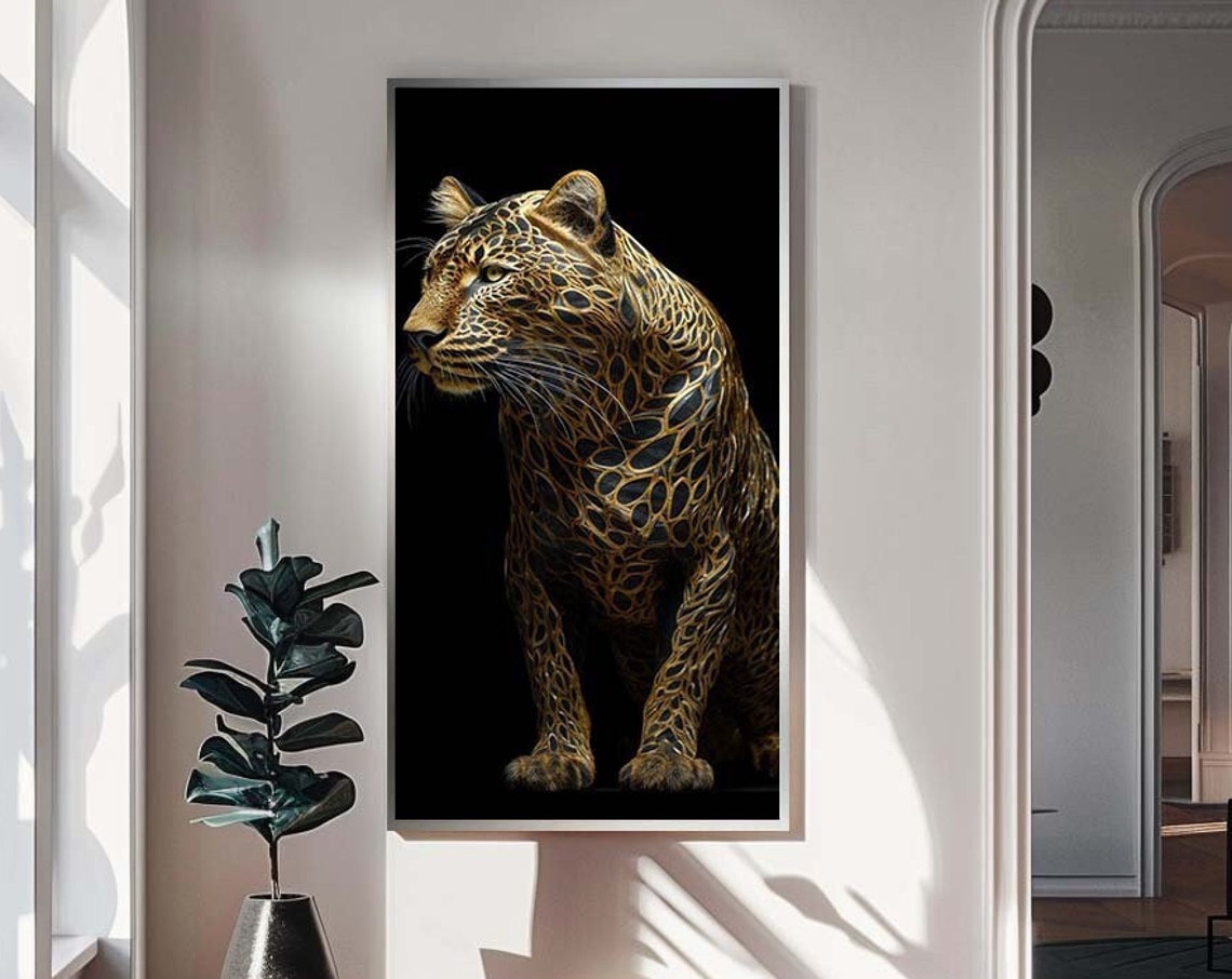 Golden Big Cat Black Background Wild Feline 3D Render Art Poster