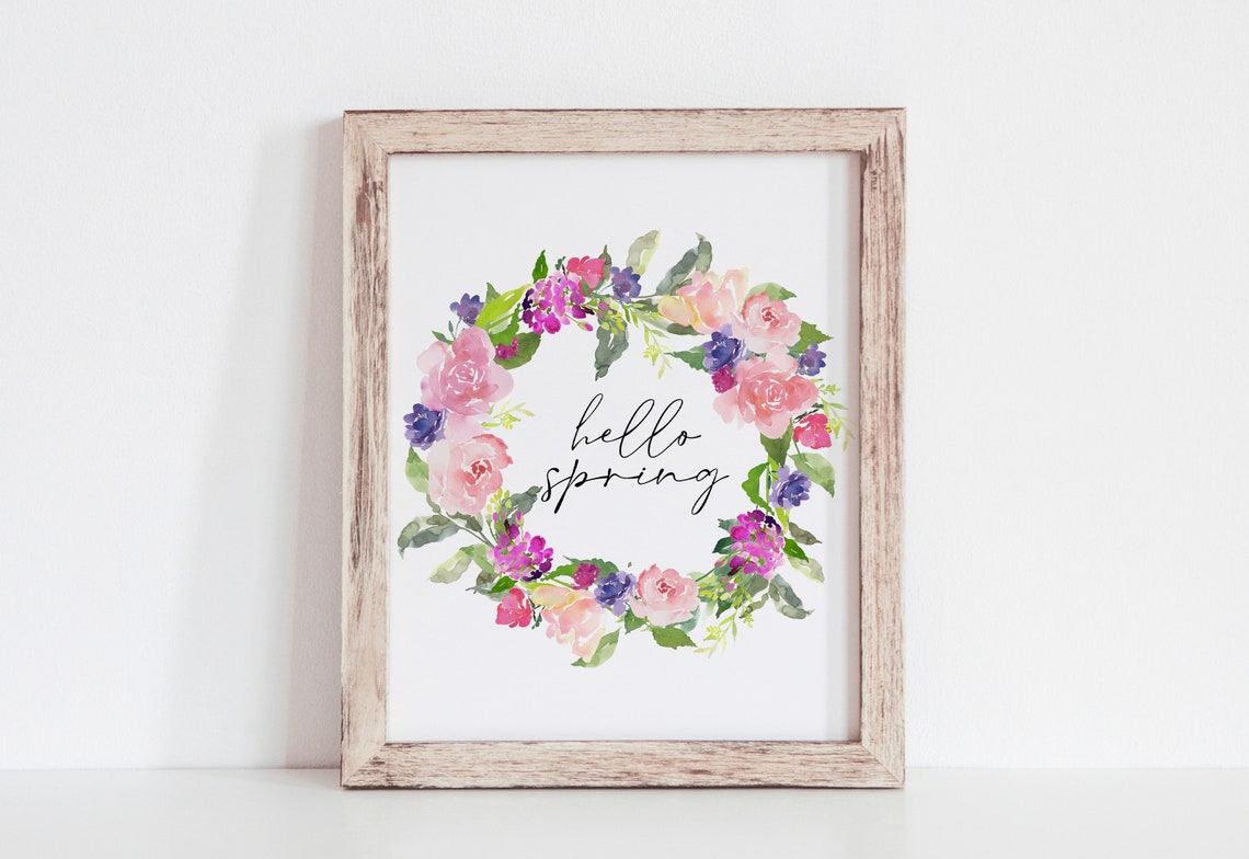 Hello Spring Pink Floral Wreath Watercolor Seasonal Decor Poster