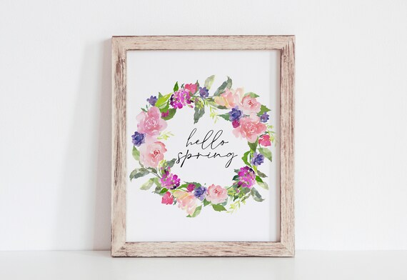 Hello Spring Pink Floral Wreath Watercolor Seasonal Decor Poster