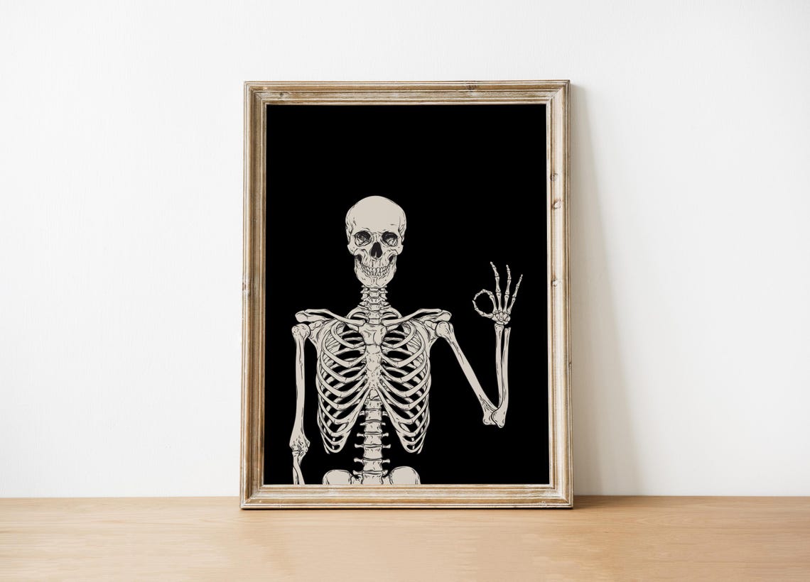Funny Skeleton Waving Hand Halloween Black Background Art Poster - Image 3