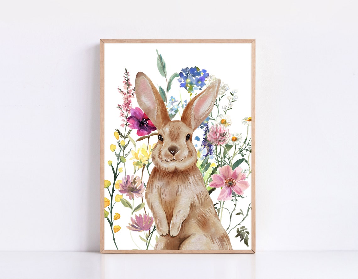 Watercolor Bunny Rabbit Among Wildflowers Spring Nursery Art Poster - Image 4