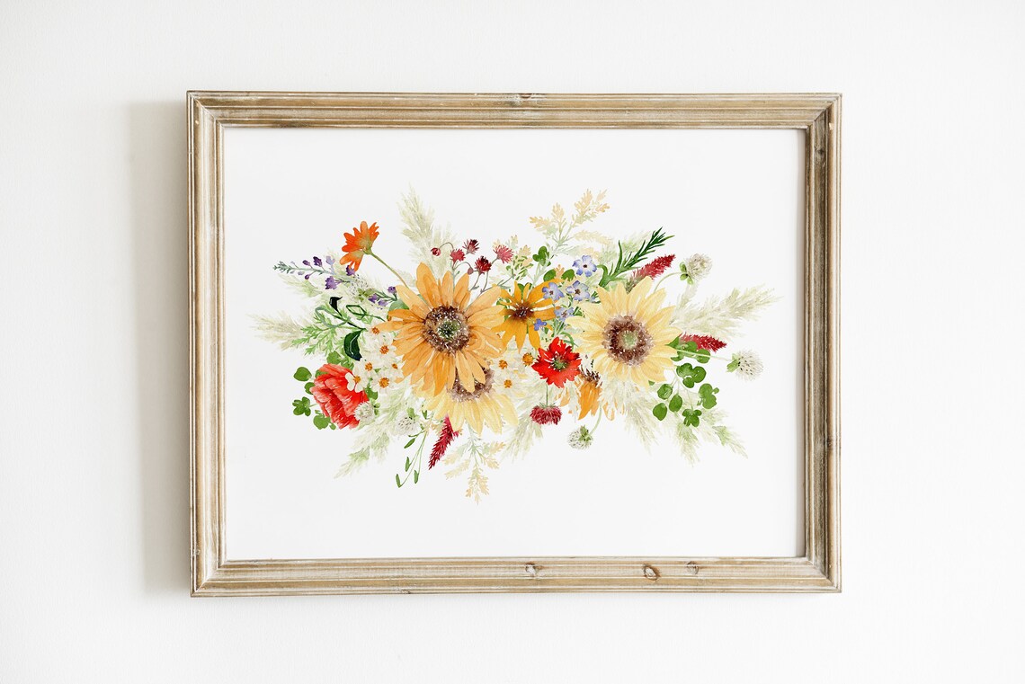 Autumn Floral Bouquet with Sunflowers Watercolor Fall Art Print - Image 3