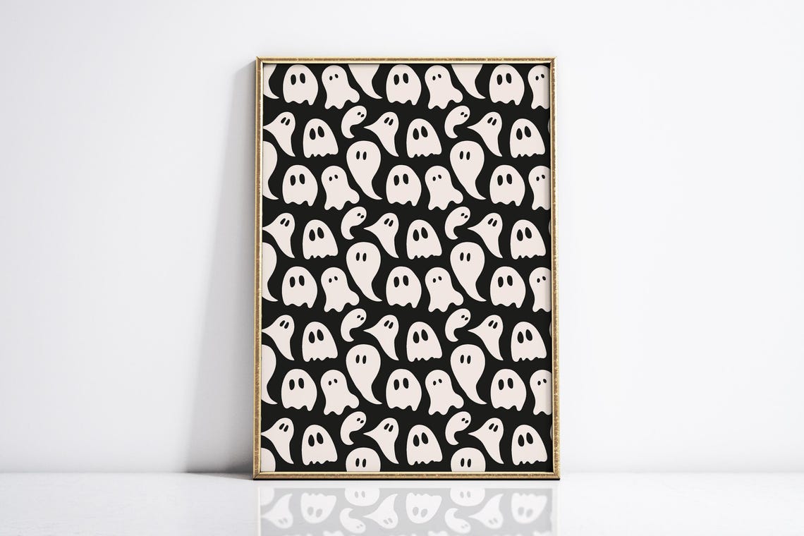 Cute White Ghosts Pattern Halloween Black Background Art Poster - Image 4