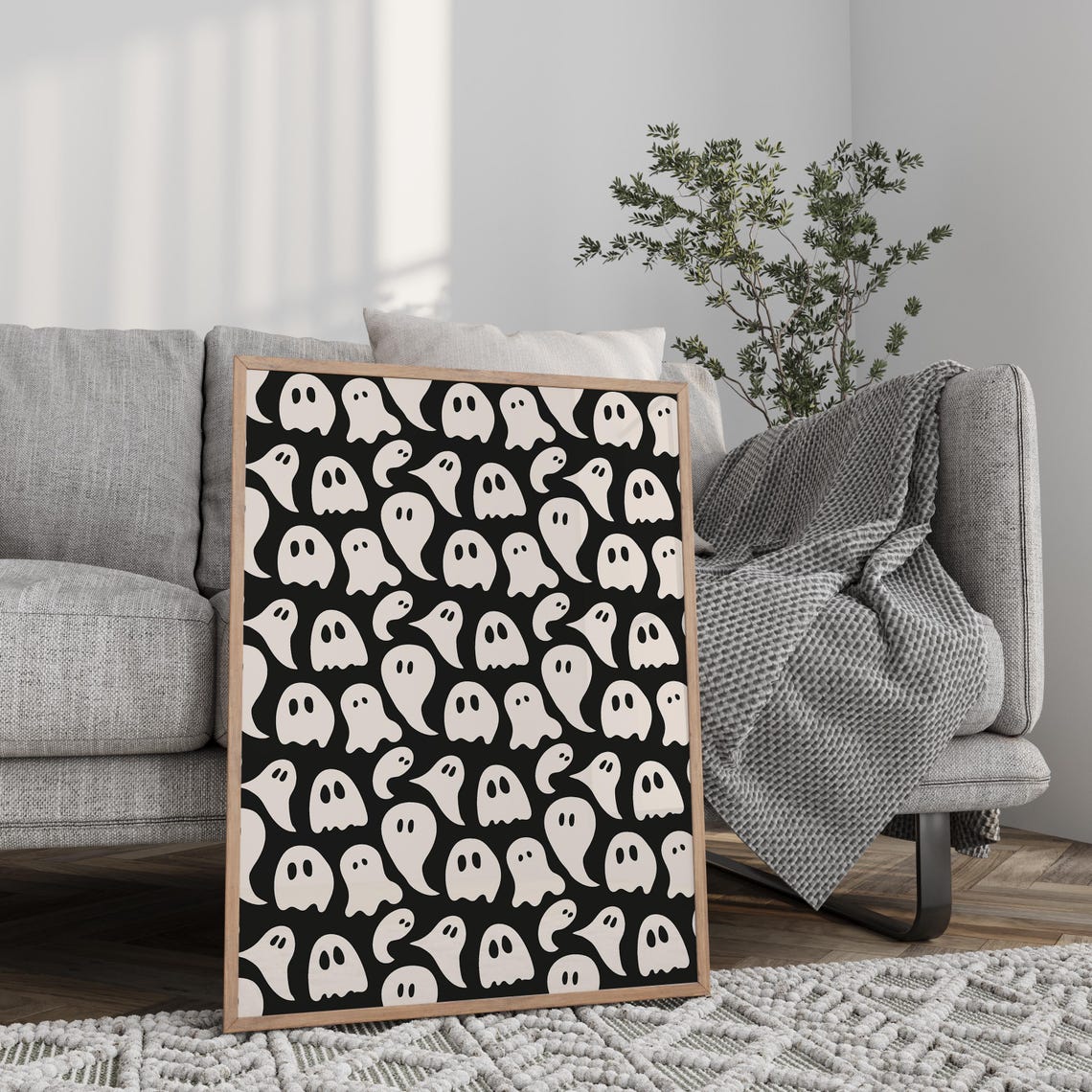 Cute White Ghosts Pattern Halloween Black Background Art Poster - Image 2