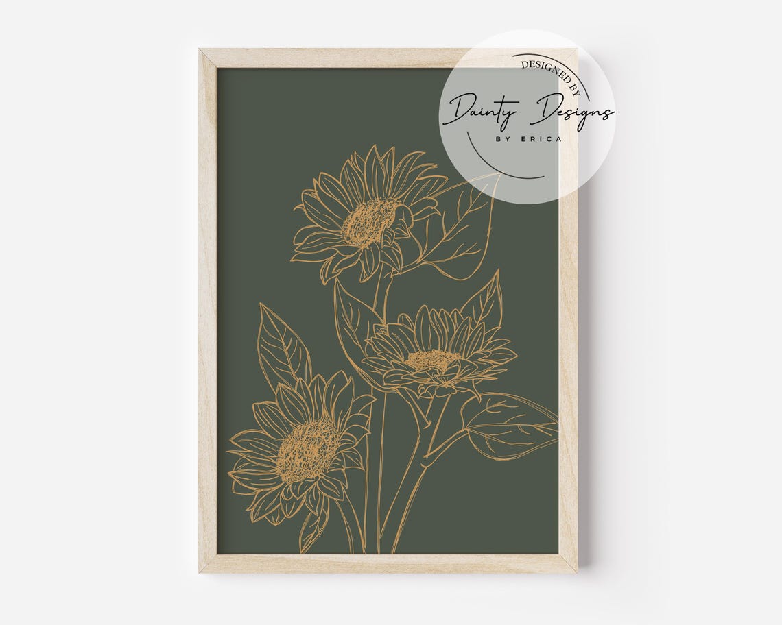 Gold Line Sunflowers Poster Dark Green Floral Botanical Decor - Image 2