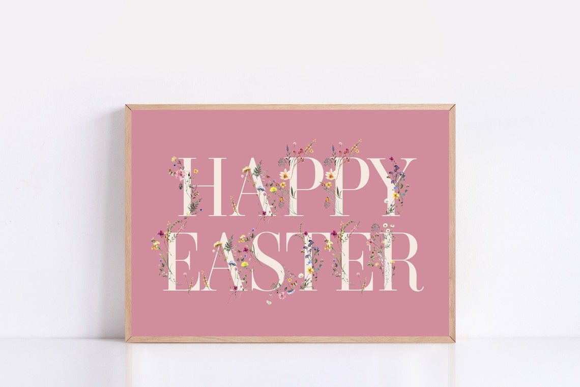 Happy Easter Floral Lettering Pink Spring Holiday Decor Poster - Image 4