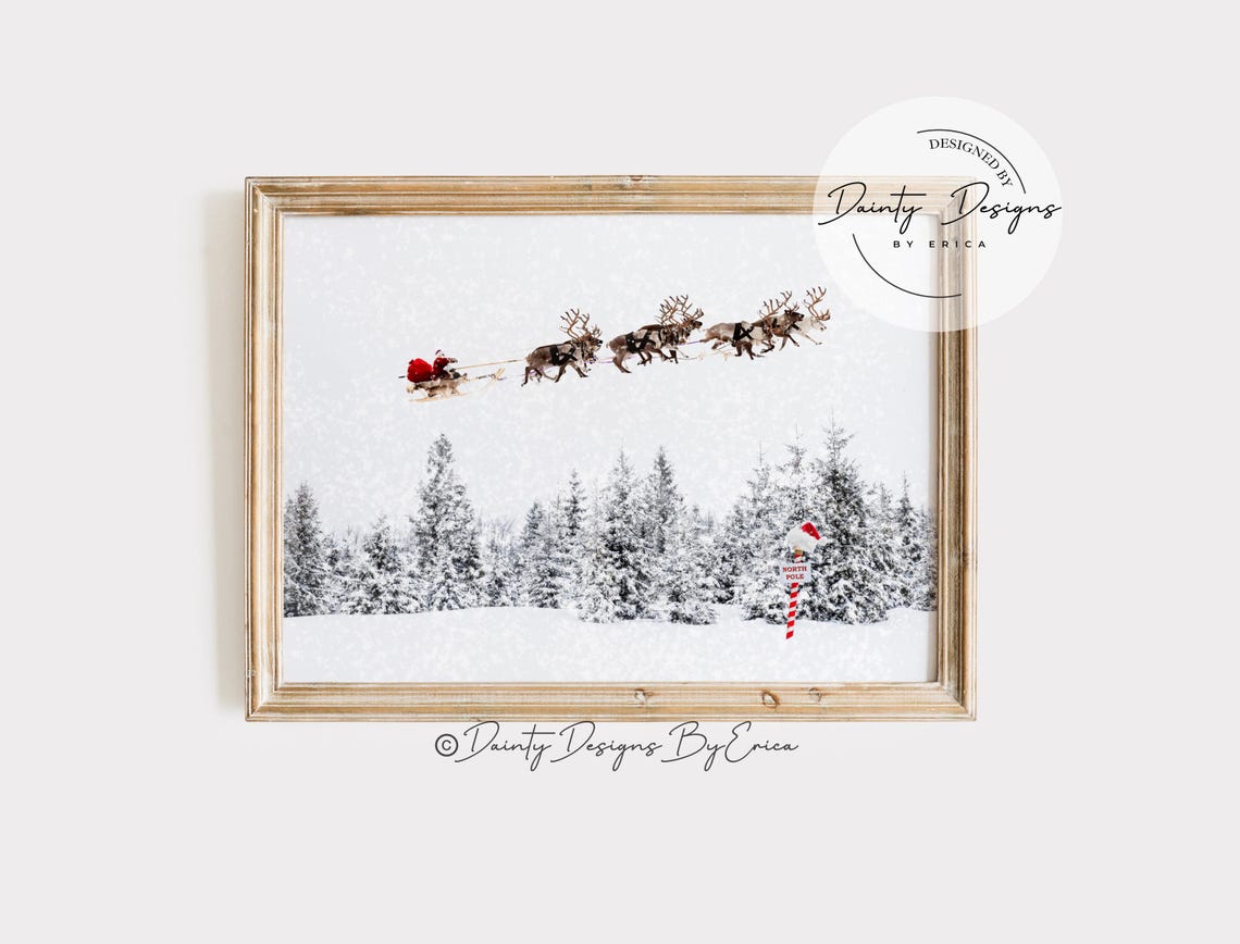 Santa Sleigh Reindeer Snowy Forest North Pole Beautiful Poster - Image 3