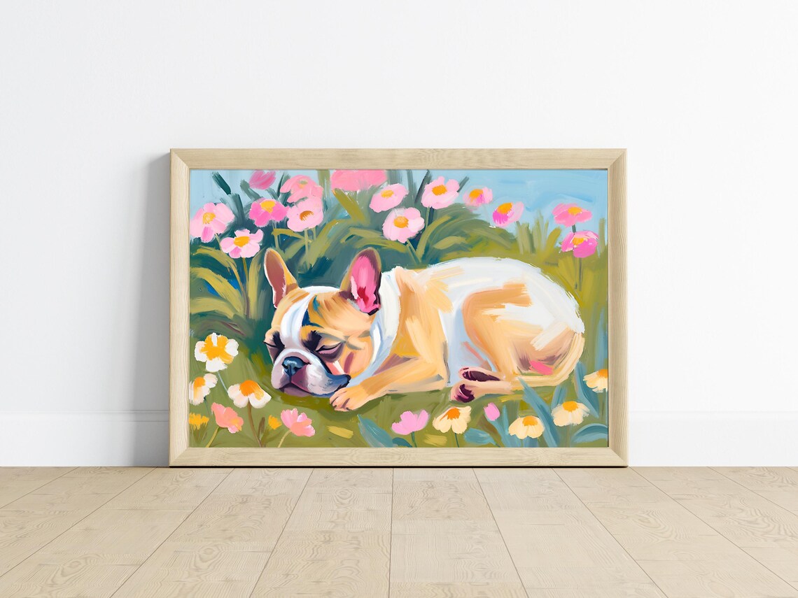 Sleeping French Bulldog Puppy, Floral Pet Portrait