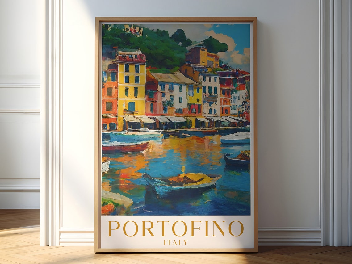Portofino Travel Poster Portofino The Pearl Of The Italian Riviera Painting Trendy Poster Print Wall Art Gift