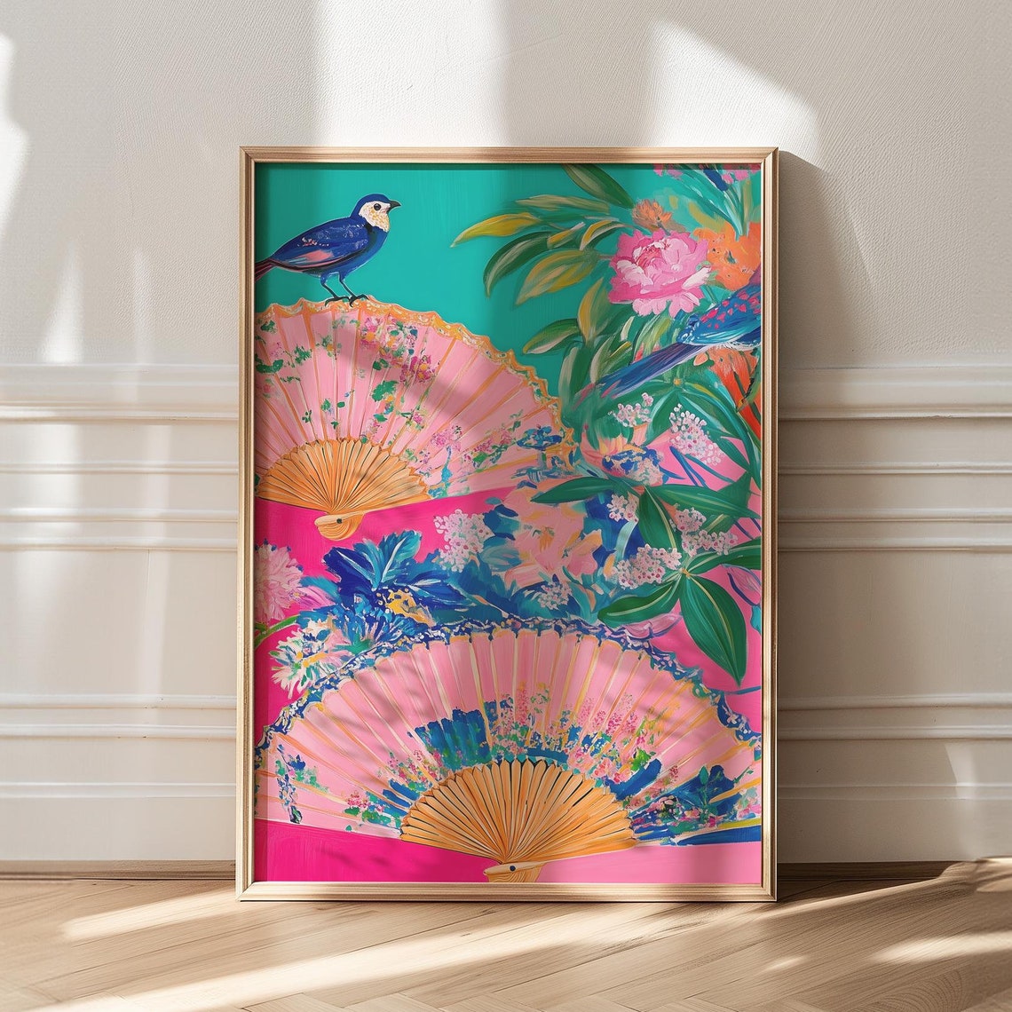 Chinoiserie Folding Fans with Birds Vibrant Floral Art Poster - Image 3