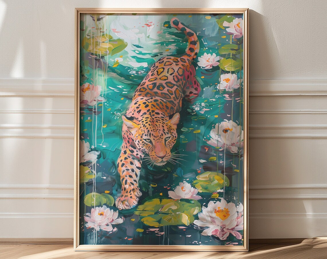 Jaguar Wading Through Lily Pond Impressionist Nature Art Poster - Image 3
