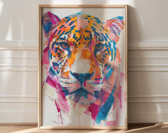 Colorful Leopard Face Close Up Bold Expressive Brushwork Poster