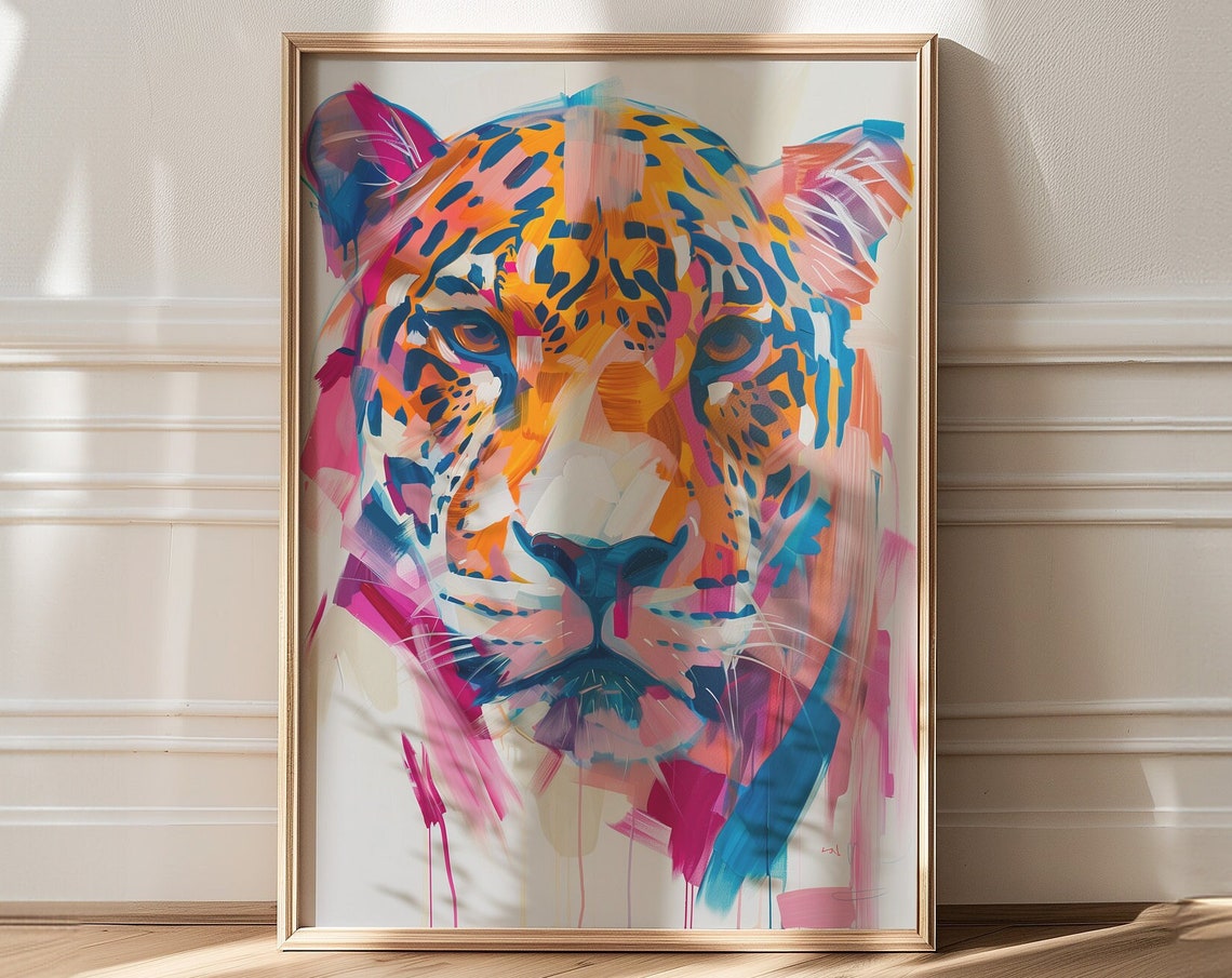 Colorful Leopard Face Close Up Bold Expressive Brushwork Poster