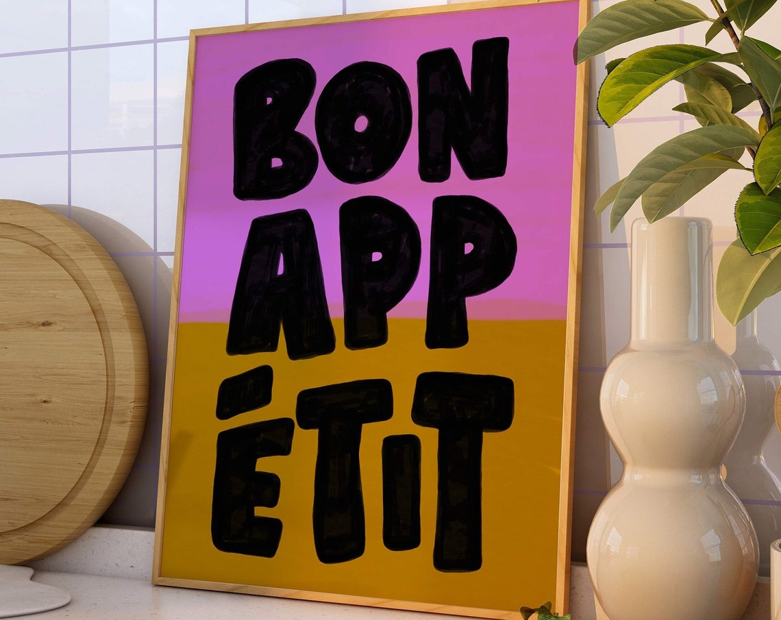 Bon Appetit Bold Black Letters Pink Mustard Kitchen Wall Poster