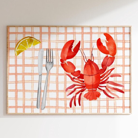 Lobster Kitchen Wall Art Print Nautical Seafood Decor Coastal Dining Room Poster Red Illustration Lemon Slice
