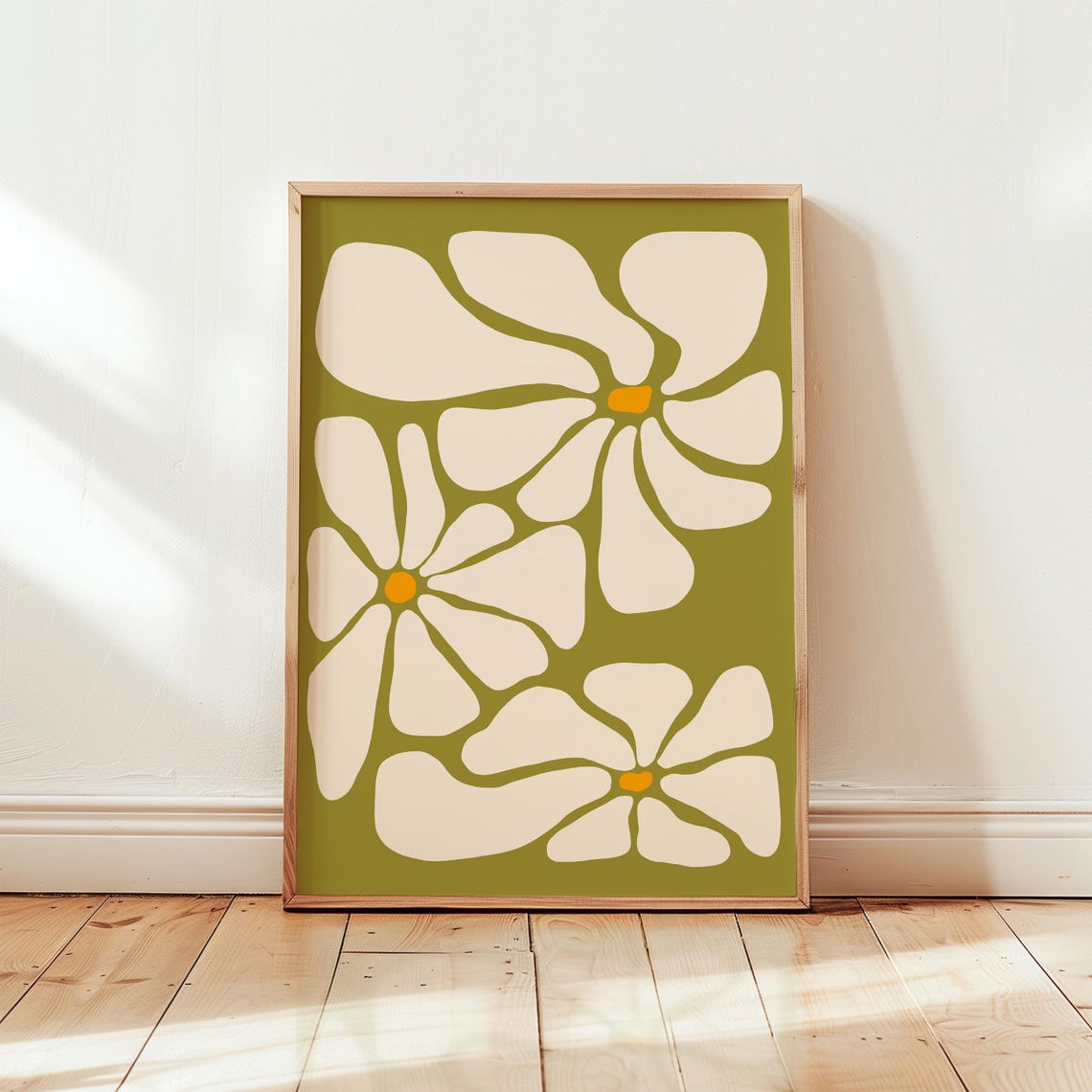 Abstract Daisy Trio Olive Green Retro 70s Floral Bloom Poster