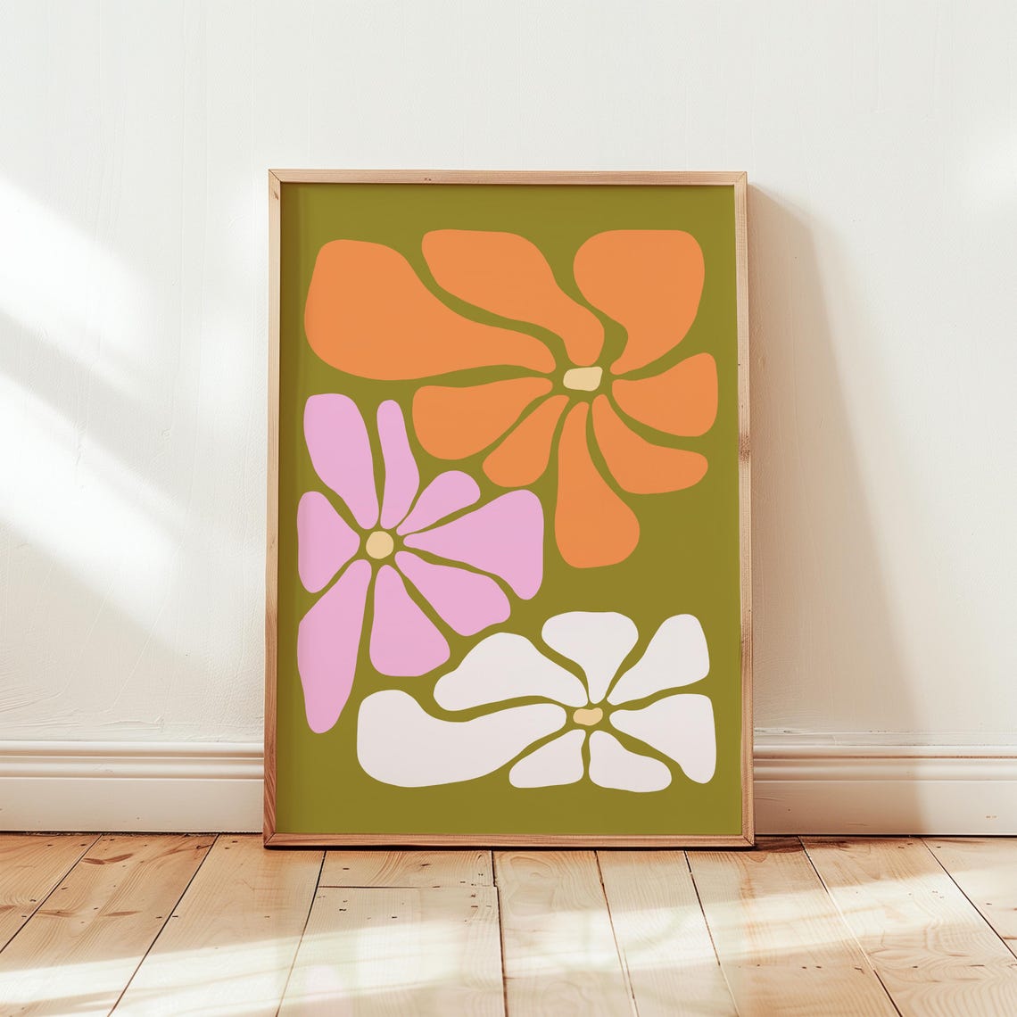 Retro Orange Pink and White Flowers on Olive Green Backdrop Poster