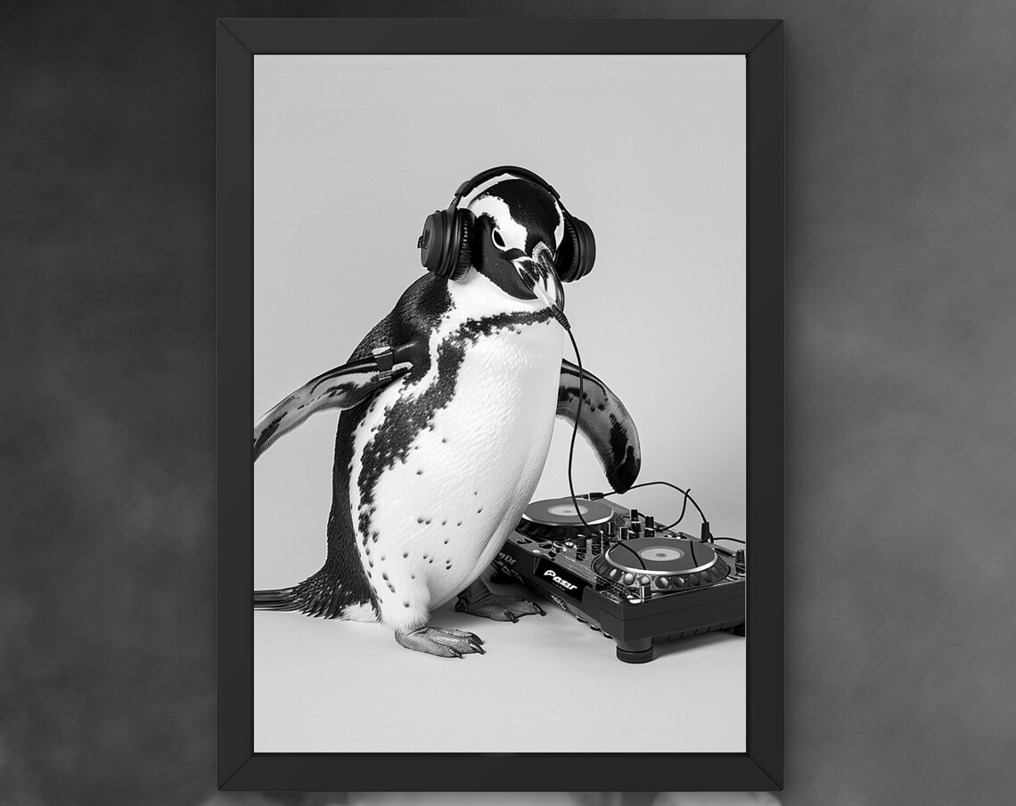 Penguin DJ Wearing Big Headphones at the Turntable Funny Poster