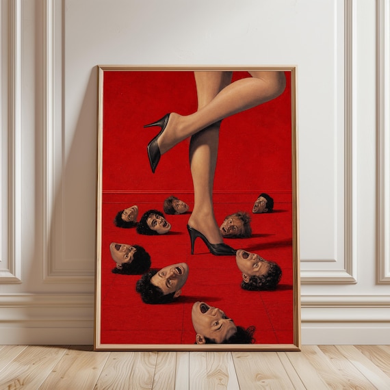 Femme Fatale Heels Stepping Over Faces Surreal Red Background Poster
