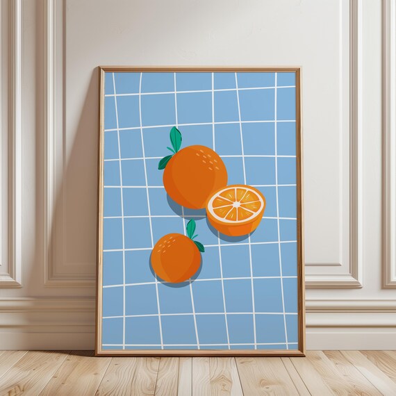 Three Oranges On A Blue Tile Grid Minimalist Summer Fruit Wall Art