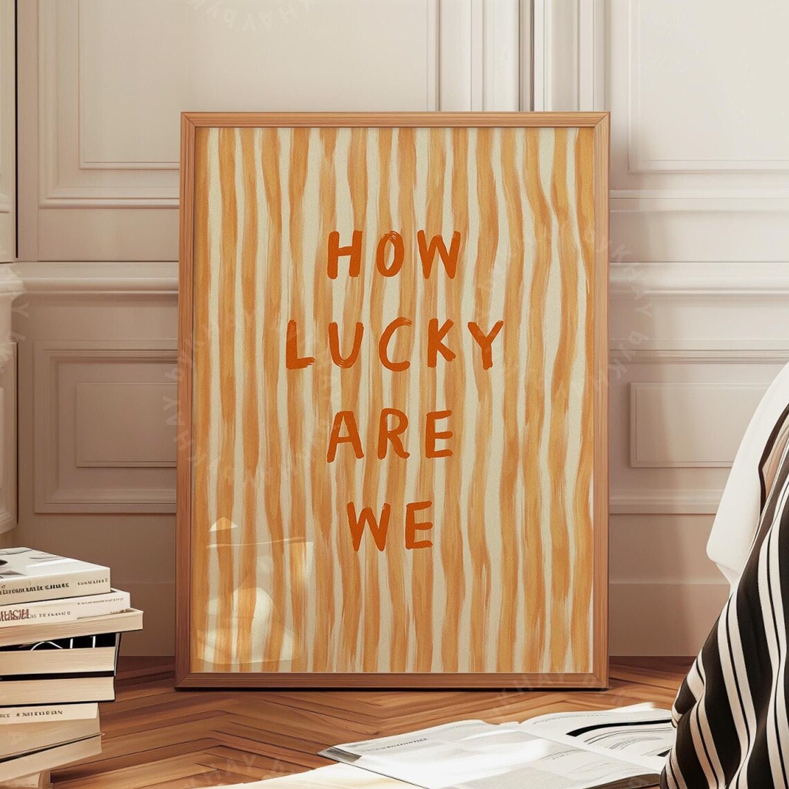 How Lucky Are We Quote Art Print, Orange Stripe