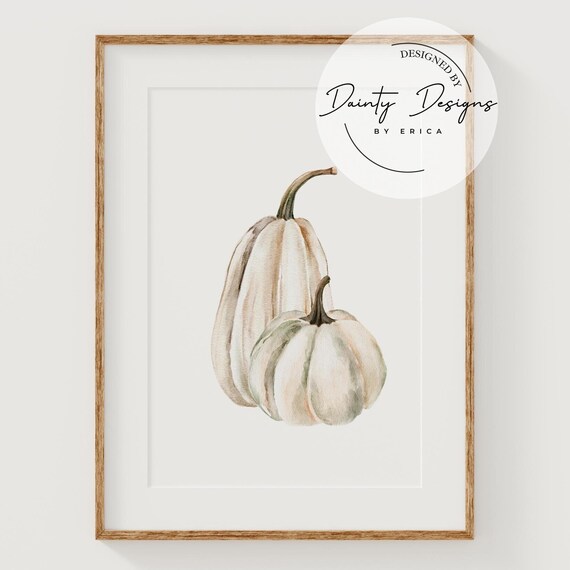 Soft White Pumpkins Watercolor Fall Autumn Home Decor Art Print