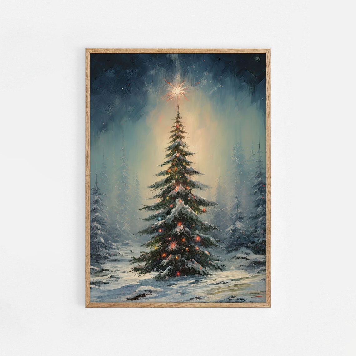 Snowy Christmas Tree Glowing Star Winter Forest Night Poster