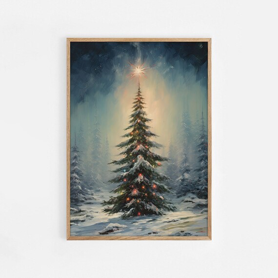 Snowy Christmas Tree Glowing Star Winter Forest Night Poster