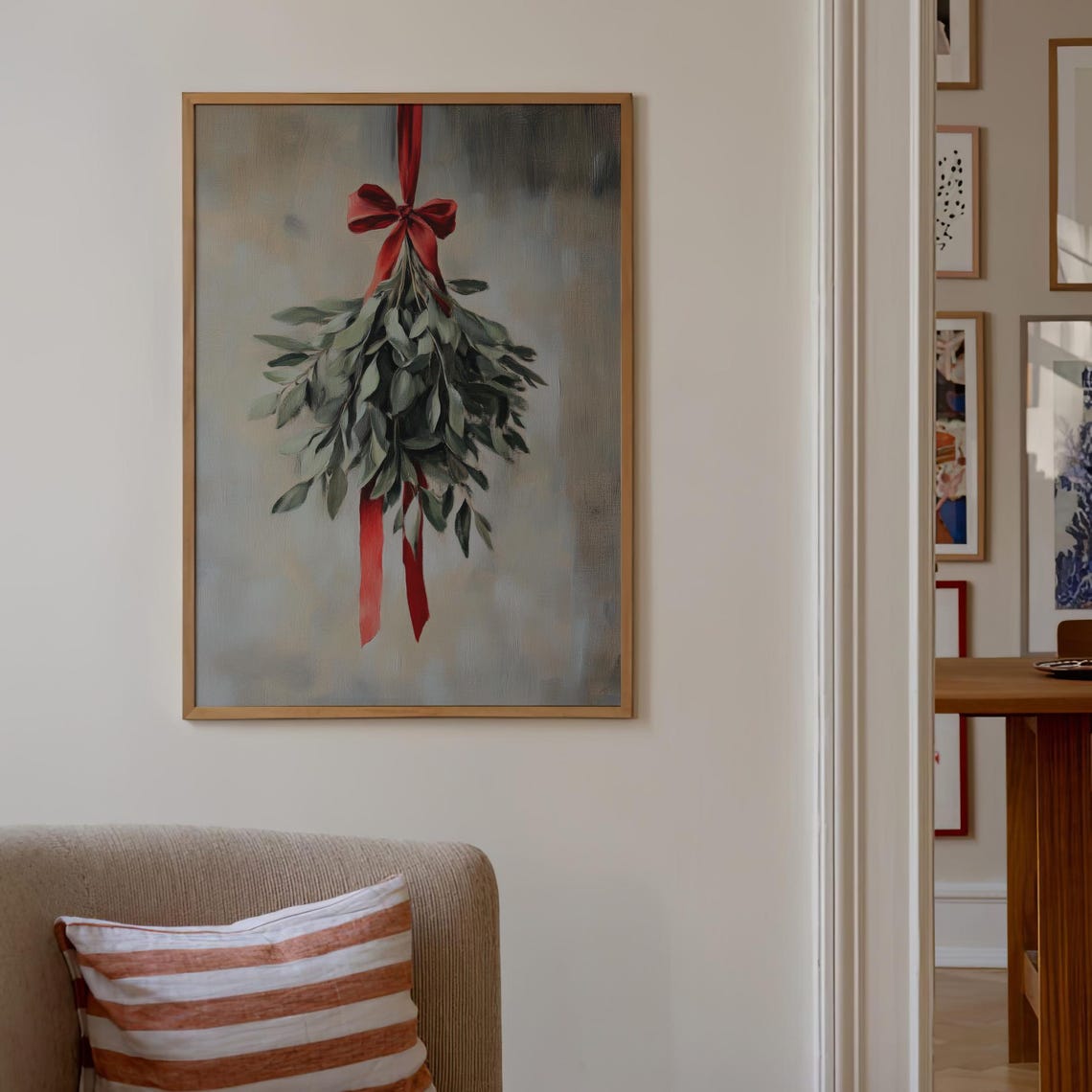 Hanging Mistletoe Red Ribbon Vintage Style Christmas Holiday Poster - Image 3
