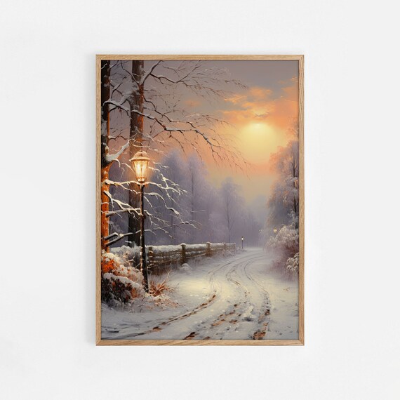 Snowy Winter Street Glowing Lamppost Sunset Landscape Poster