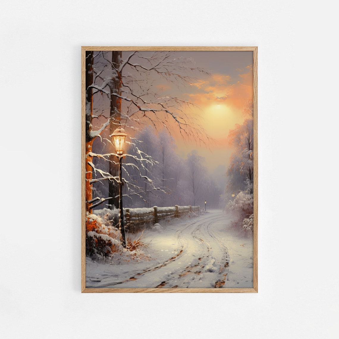 Snowy Winter Street Glowing Lamppost Sunset Landscape Poster
