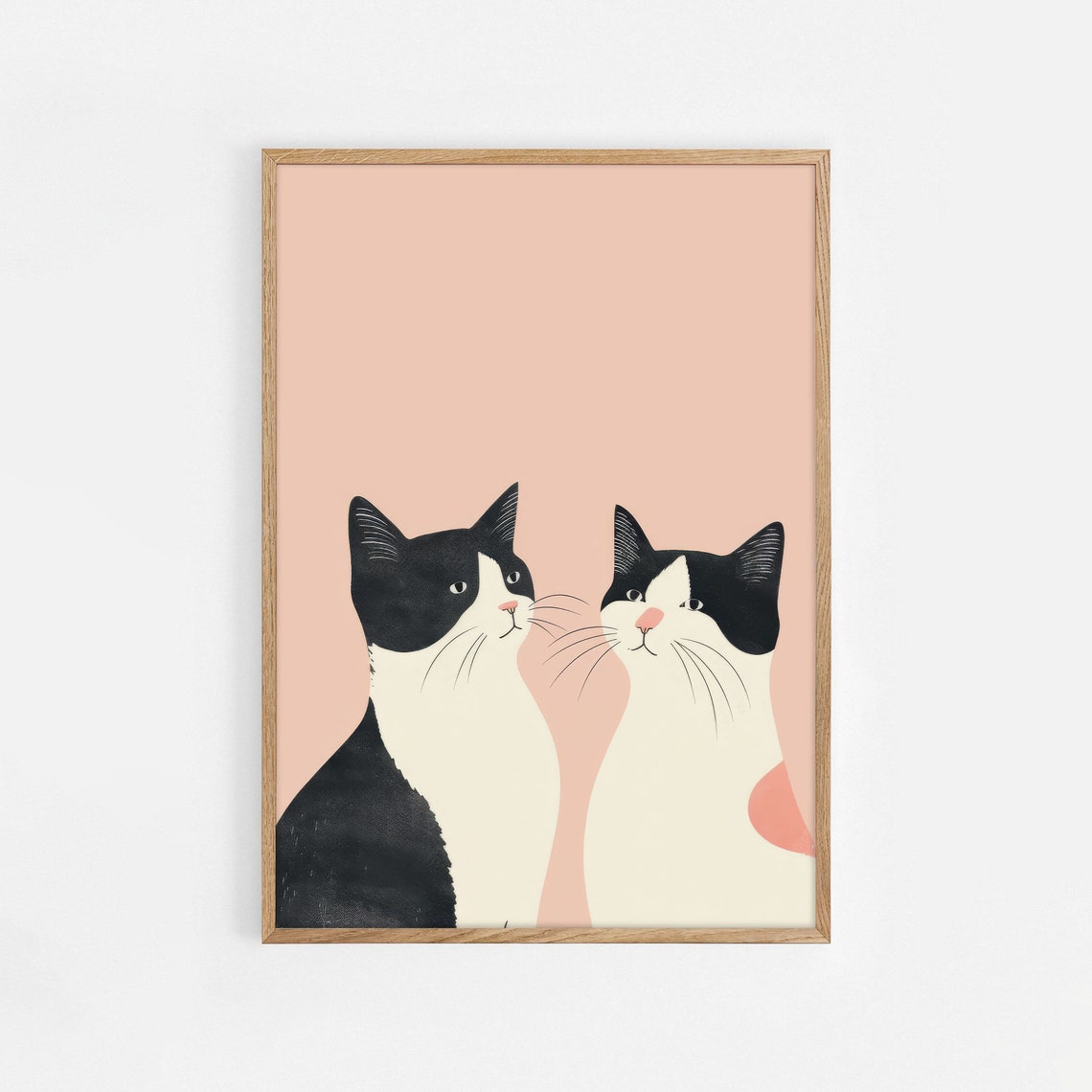 Two Black and White Cats on Pink Background Minimal Cat Poster