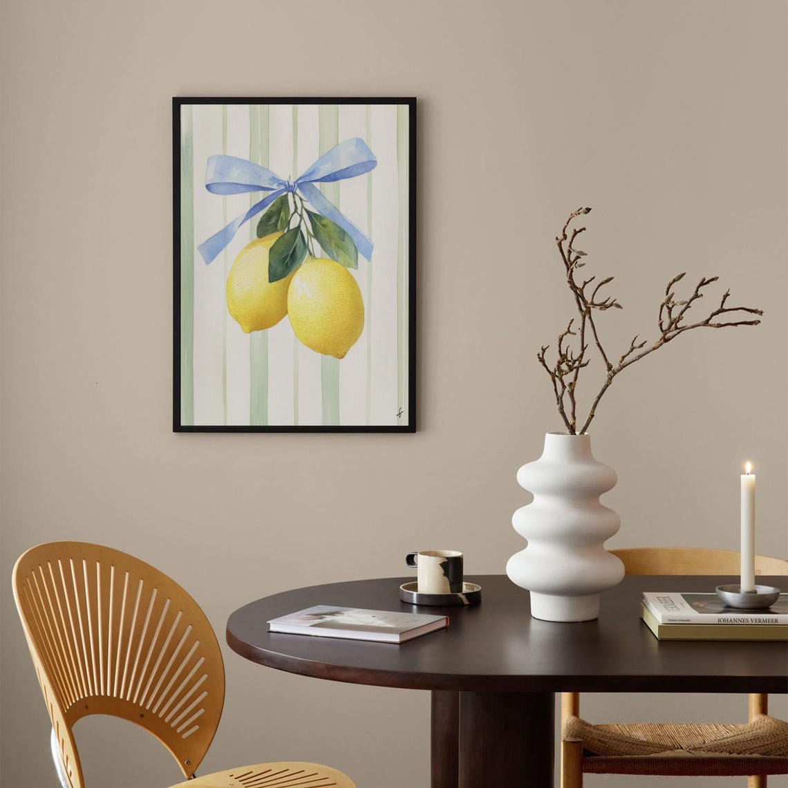 Lemon Watercolor Blue Bow Sage Striped Citrus Kitchen Poster - Image 4