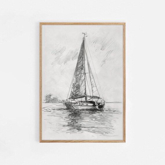Hand Sketched Sailboat Coastal Nautical Pencil Drawing Poster