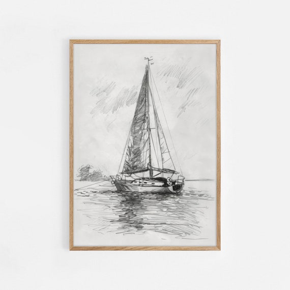 Simple Nautical Sketch Art Lake House Print Sailboat Nursery Drawing Neutral Tones Sailboat Drawing