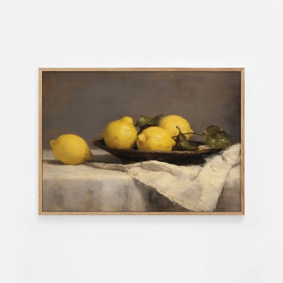 Vintage Lemon Print Farmhouse Kitchen Print Lemon Still Life Painting Lemon Wall Art French Country Art Lemon Fruit Painting